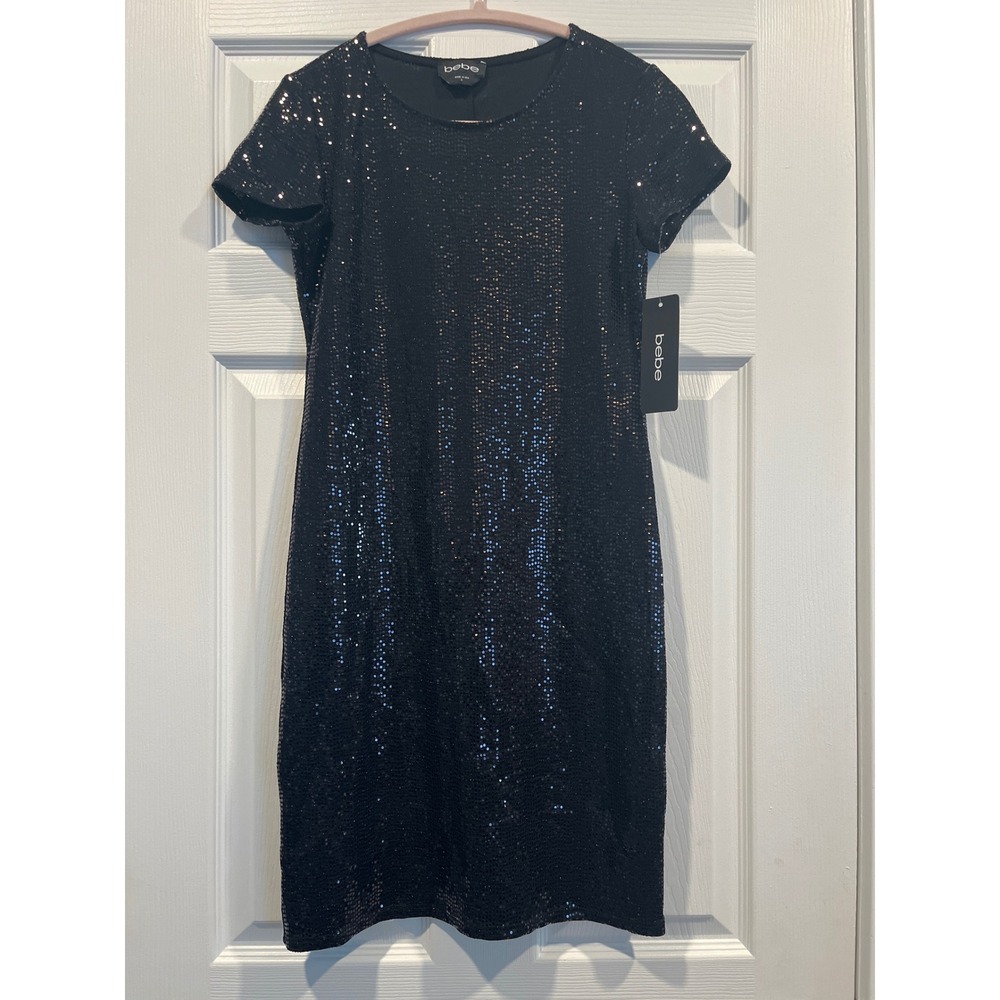 Bebe Black Sequin Mini Dress Short Sleeve Crew Neck Cocktail Party Size S NEW